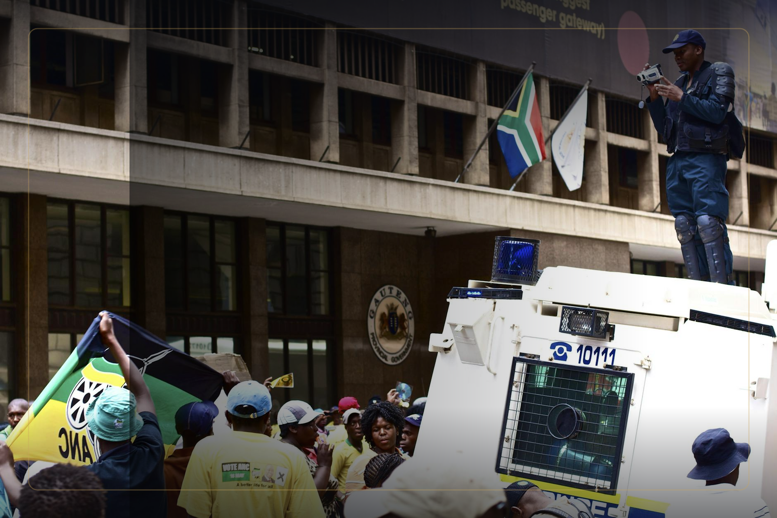 Editorial image showing anti-immigration protest tension in urban South Africa