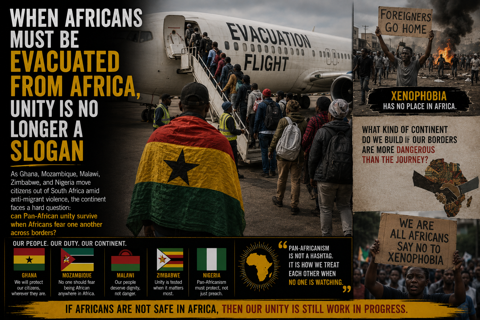 Illustration of African travelers facing evacuation and migration uncertainty amid anti-migrant tensions in South Africa.