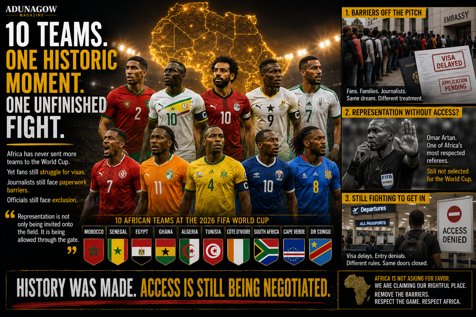 Illustration for ADUNAGOW story on Africa's 2026 World Cup moment and visa access barriers.