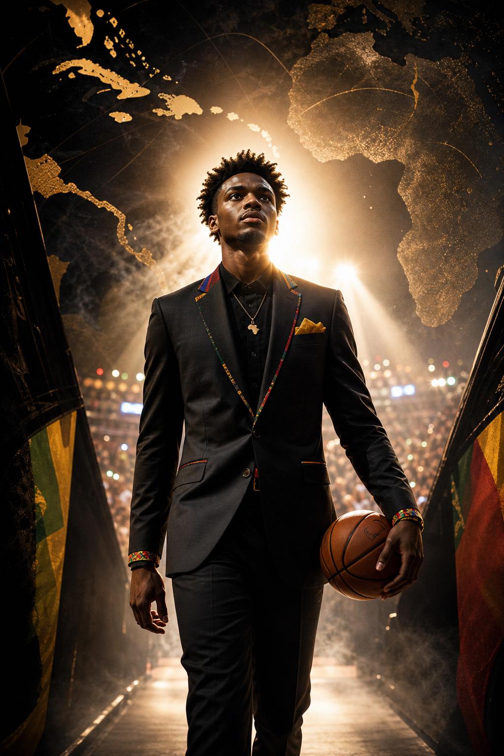 Editorial illustration of a young basketball prospect entering draft night lights with African and Caribbean diaspora visual accents.