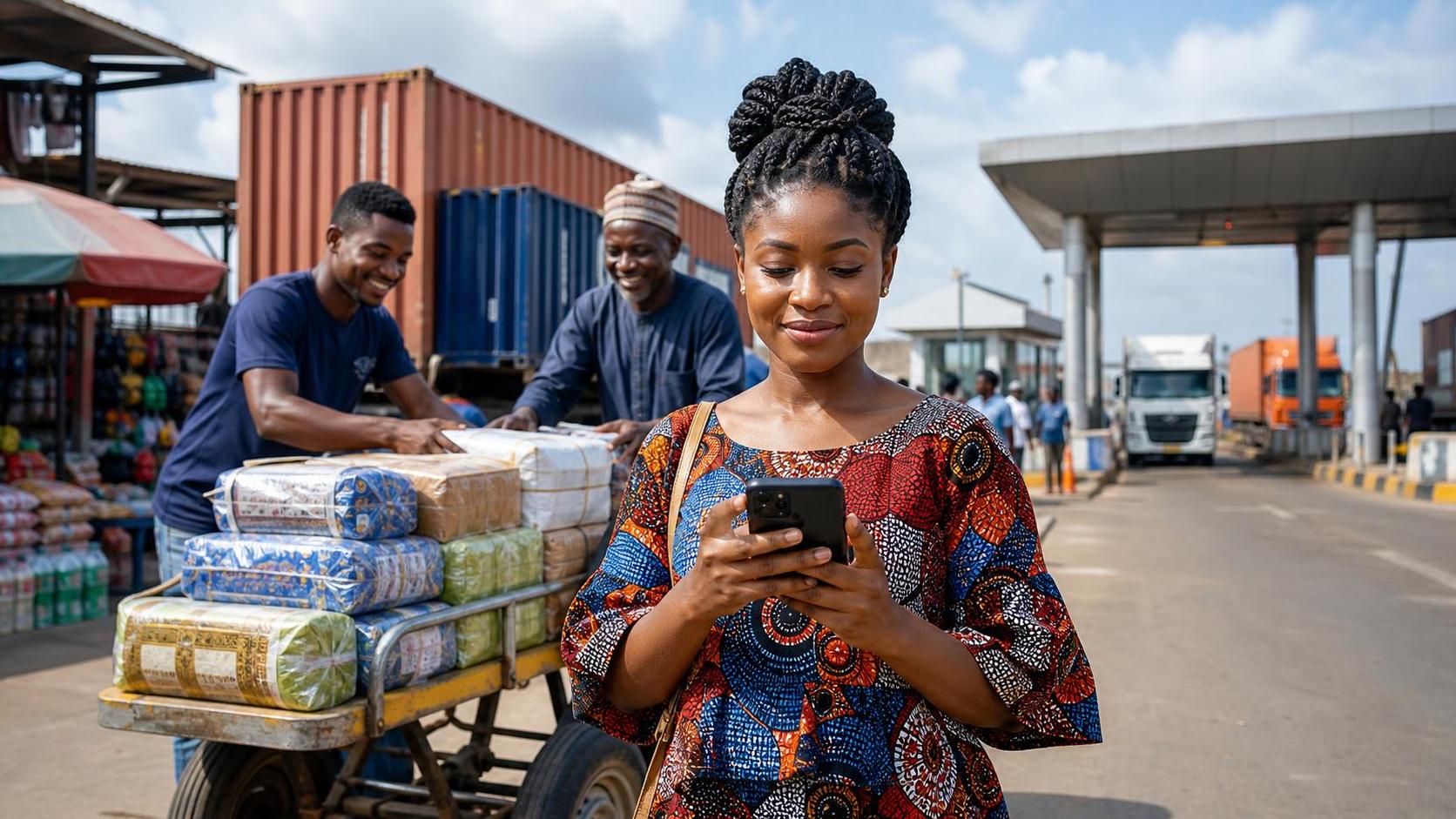 African entrepreneurs and small business owners moving goods through a modern cross-border trade corridor