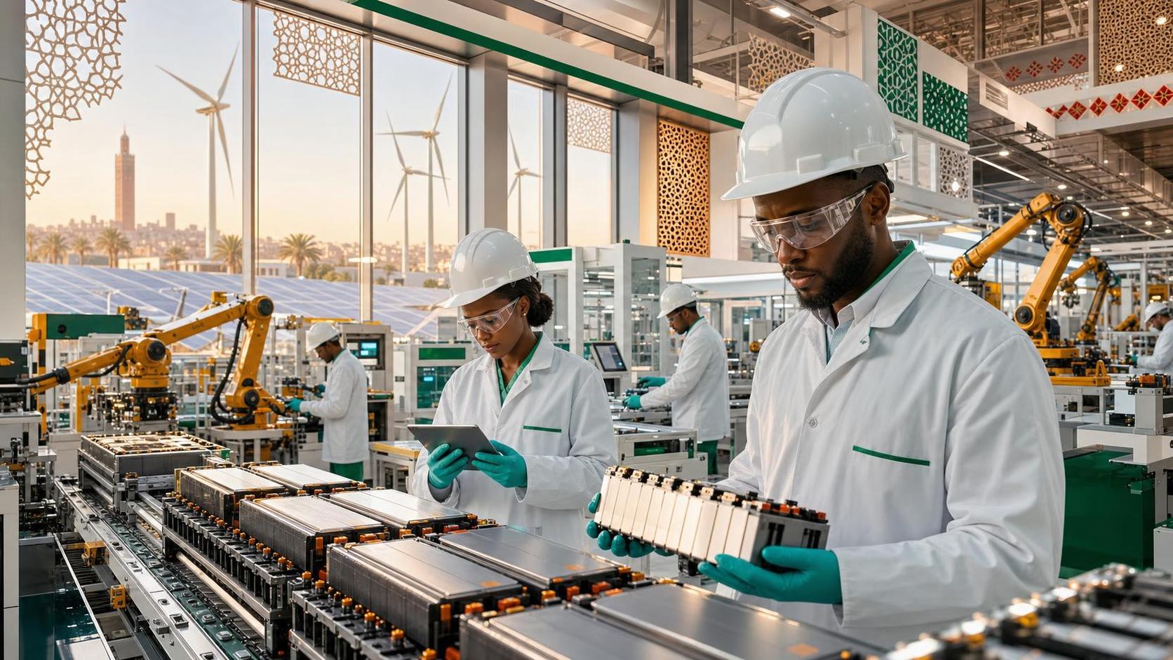 African engineers inside a modern Morocco EV battery manufacturing plant