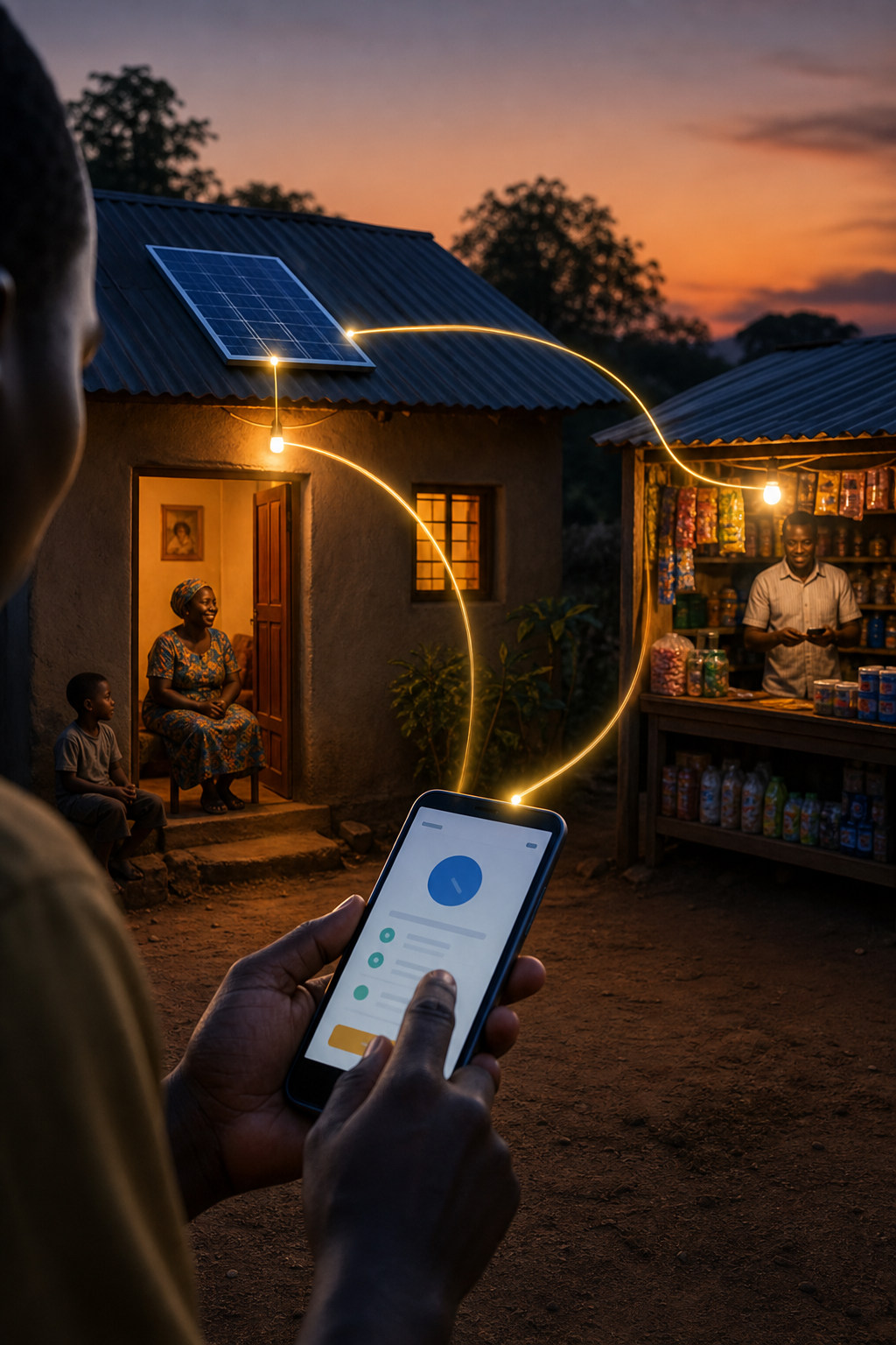 Solar-powered African home and mobile payment illustrating off-grid energy finance