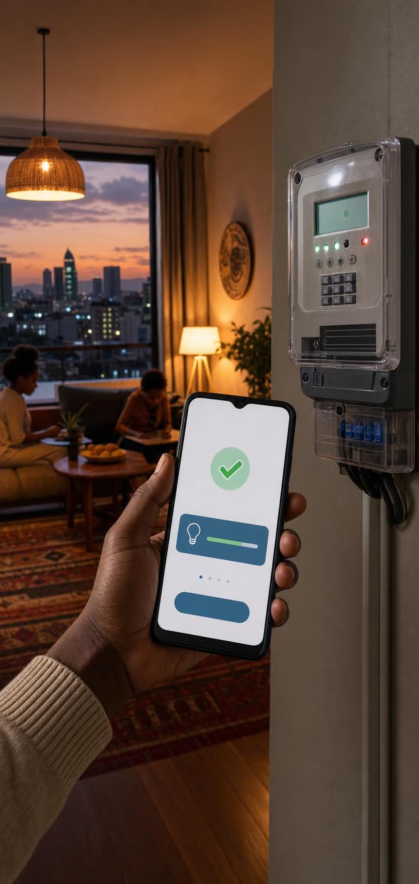 Smartphone electricity top-up beside a glowing smart meter in Ethiopia