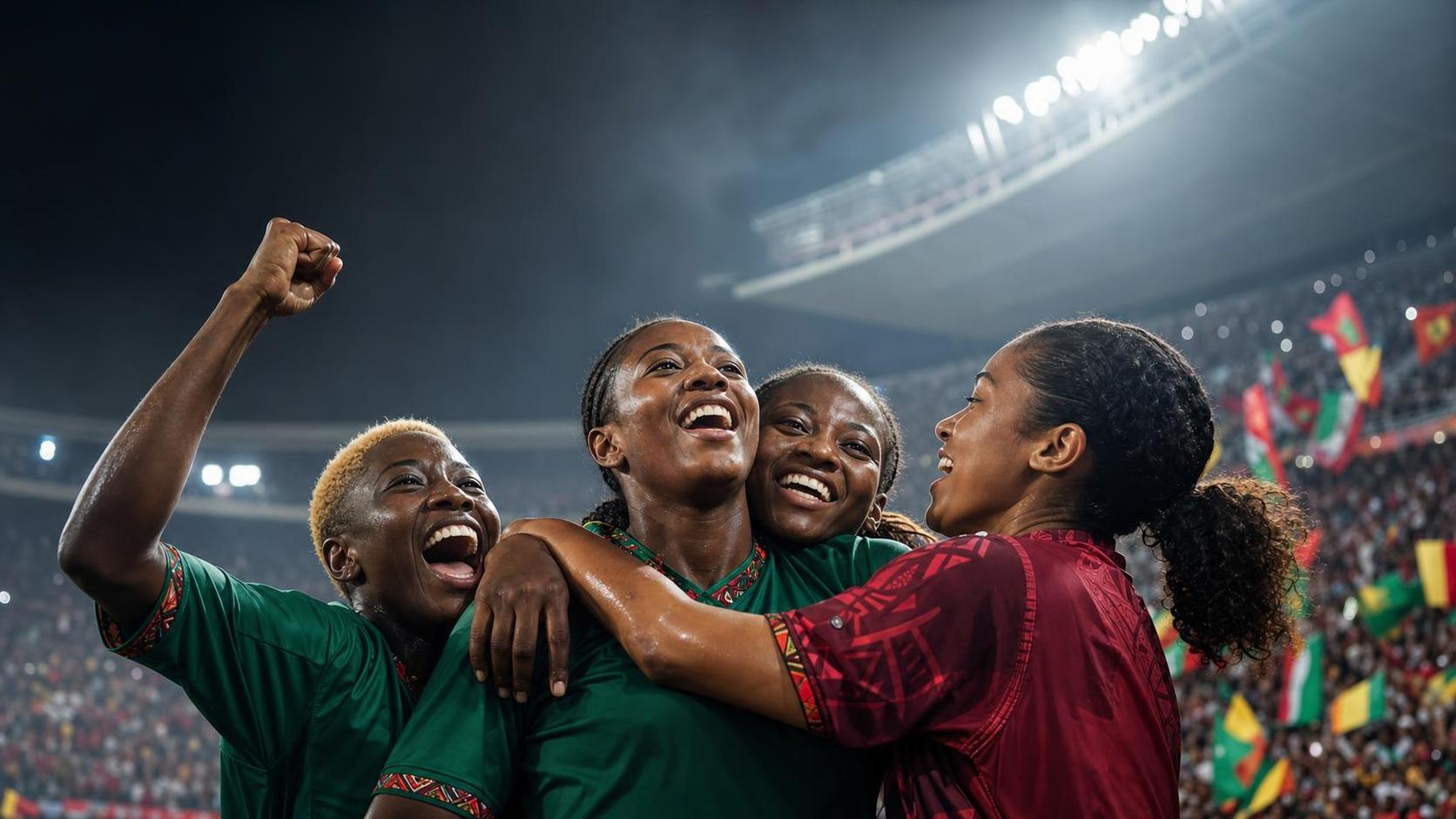 African women footballers celebrating under stadium lights during WAFCON 2026 in Morocco