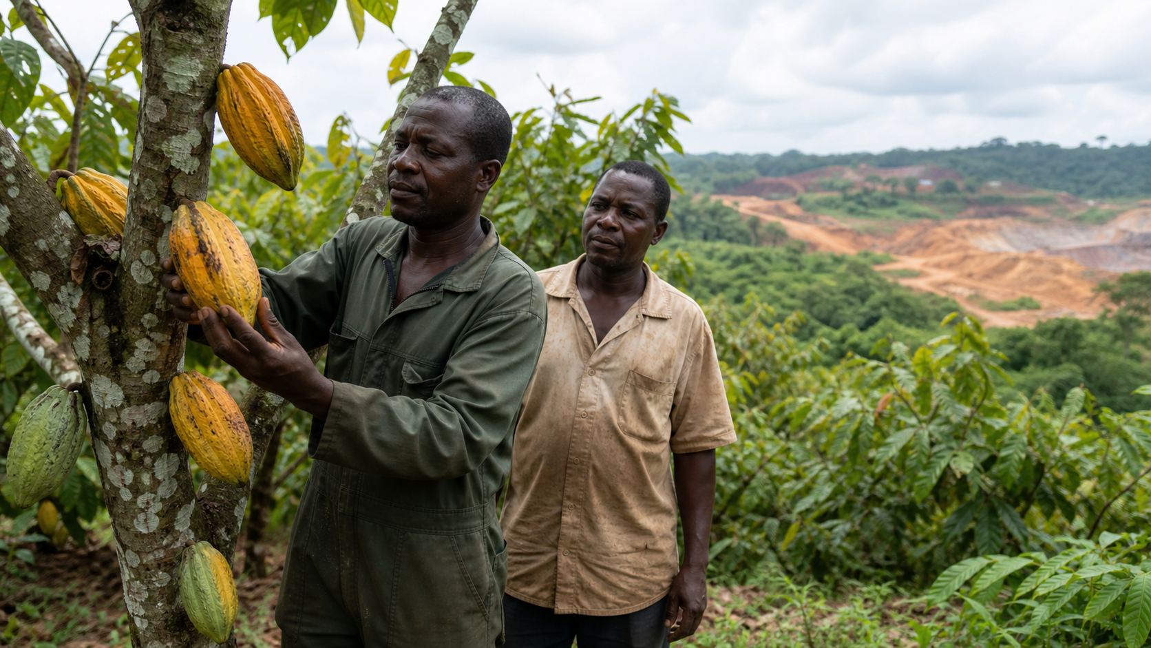 Ghanaian cocoa farmers inspecting cocoa pods in a protected cocoa landscape