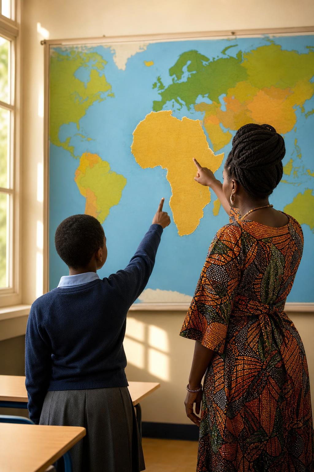 Teacher and student correcting a world map to show Africa at its true scale