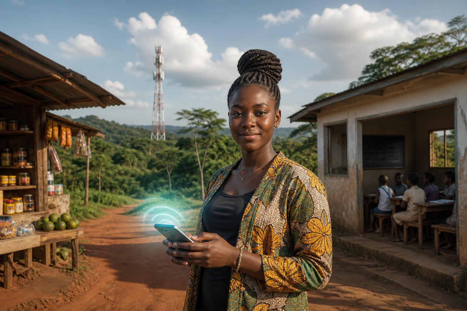 Young Ivorian entrepreneur using a smartphone as rural connectivity expands in Côte d'Ivoire