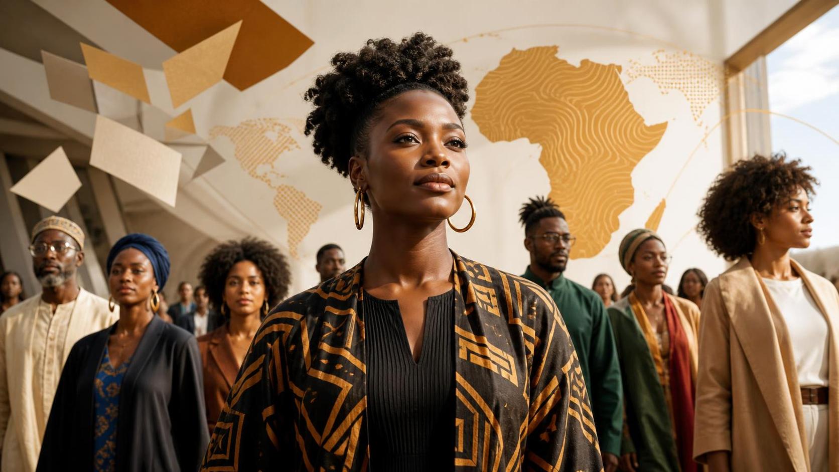 People of African descent gathered in a bright civic space symbolizing diaspora recognition and connection