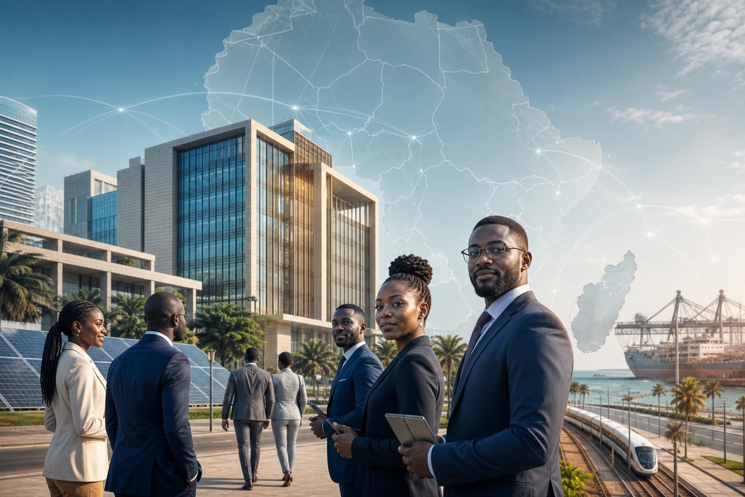 West African development finance and infrastructure represented by a modern regional bank and transport links.