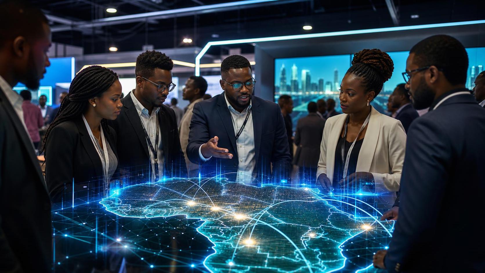 Lagos technology expo floor with African founders and investors around a digital infrastructure map